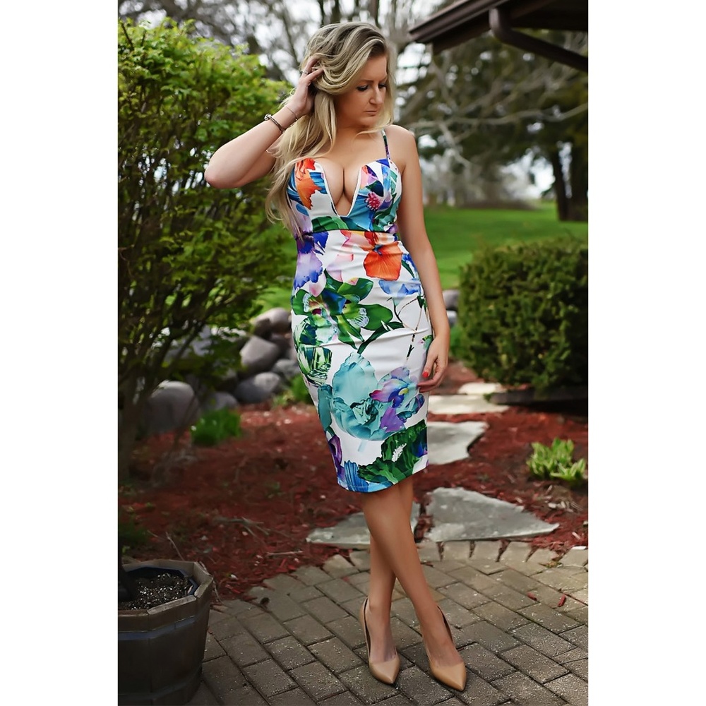 Hello Molly Tropical Print Deep V Pencil Dress